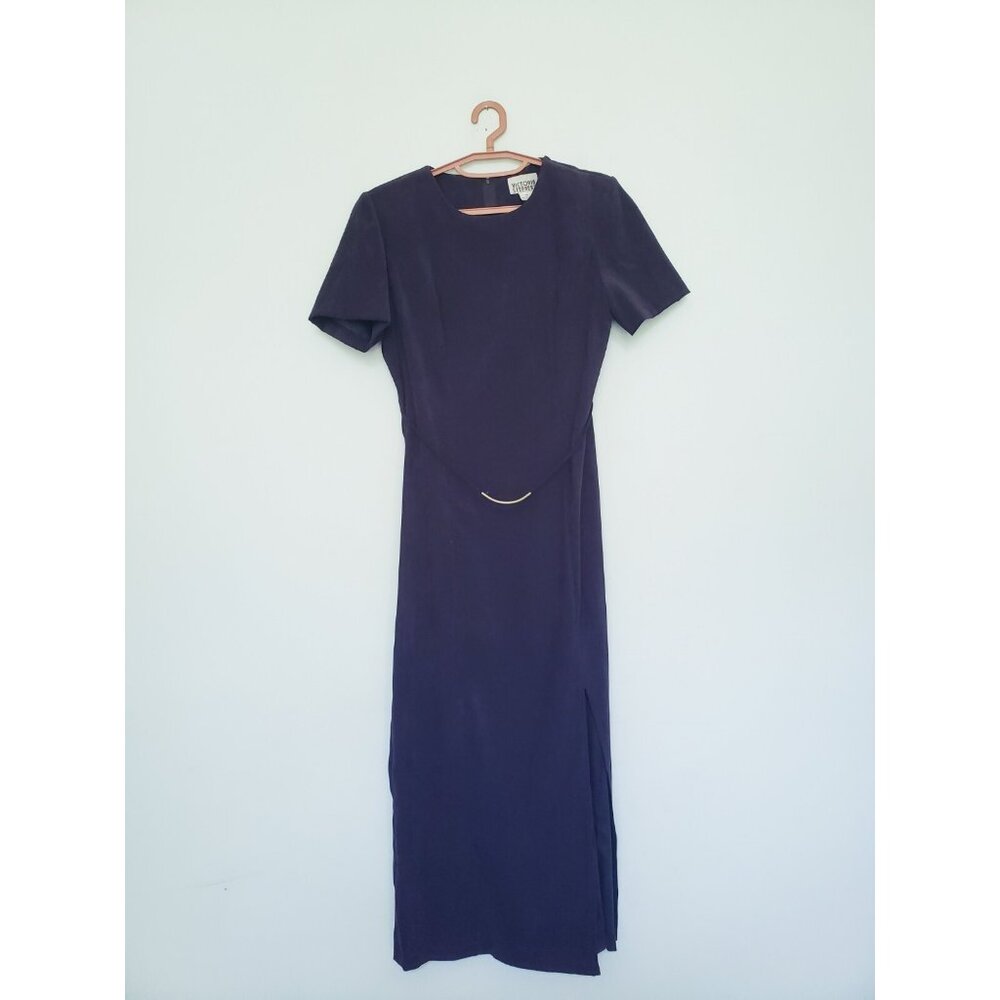 VTG Victoria Stephens Womens 10 Sheath Midi Dress Purple Metal Waist Side Slit